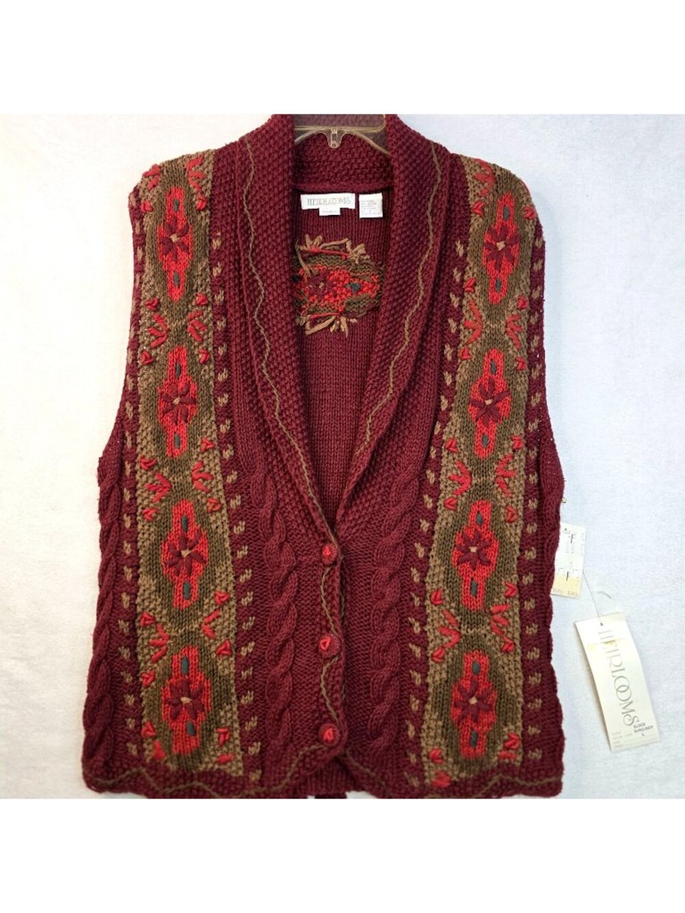 Vintage Handknit Floral Embroidered Sweater Vest L Red 90s Prairie Cottagecore